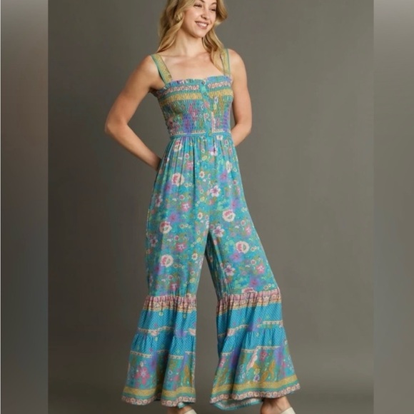 Umgee Blue Bohemian Jumpsuit with Tiered Ruffles- SZ Large - Picture 5 of 7